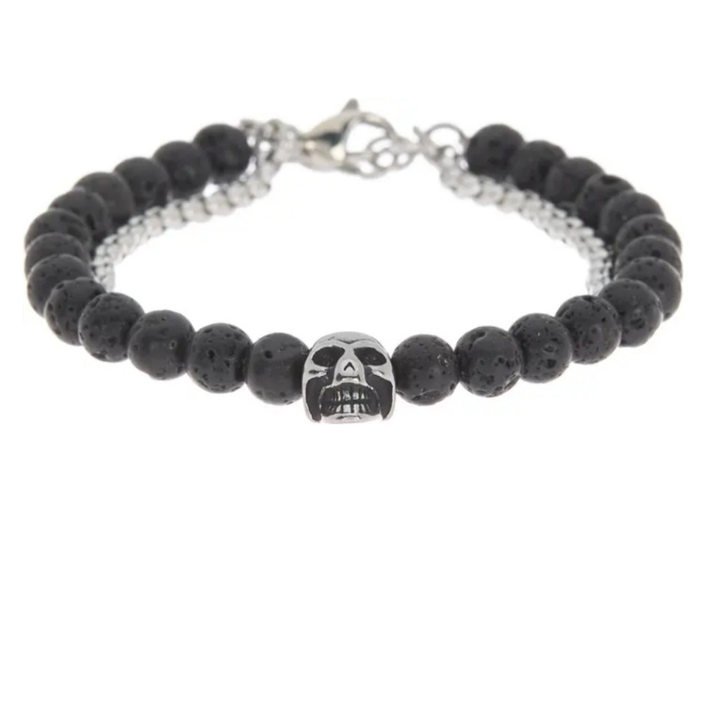 William Rast Stainless Steel Box Chain & Lava Stone Beaded Skull Bracelet